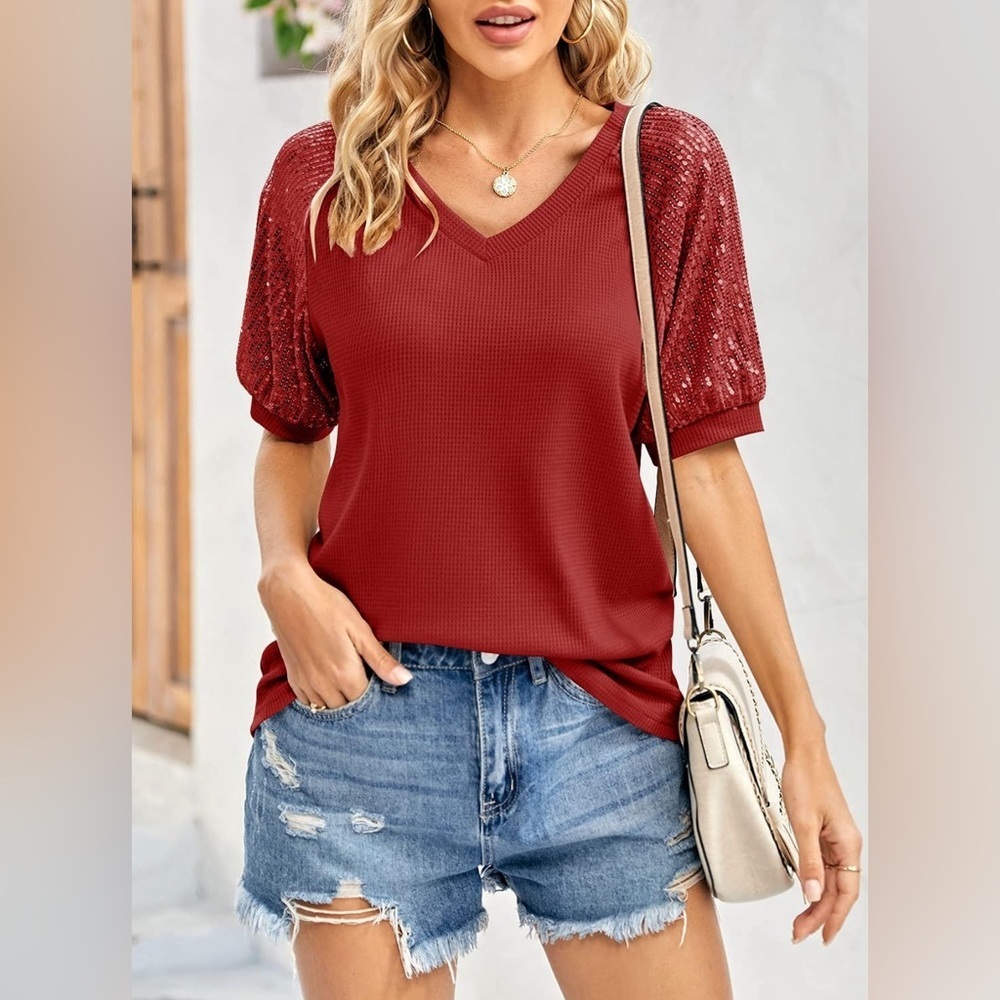 Womens Summer Tops Sequin Short Sleeve T Shirts V Neck Trendy Casual Elegent